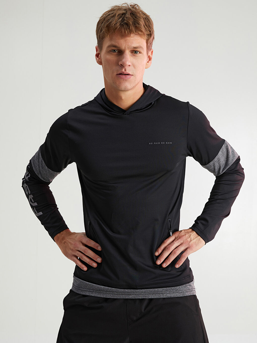 Siyah Uzun Kollu Baskılı Aktif Spor Erkek Hoodie-1