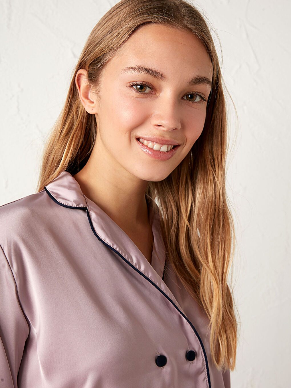 Lila Gömlek Yaka Uzun Kollu Kadın Saten Pijama Takım-1