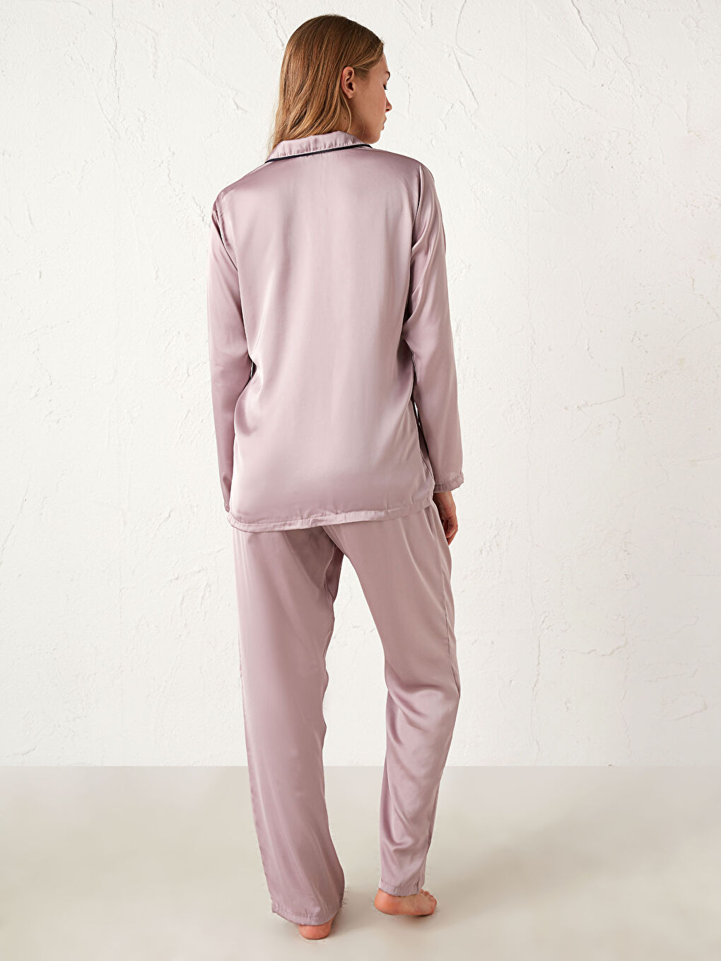 Lila Gömlek Yaka Uzun Kollu Kadın Saten Pijama Takım-2
