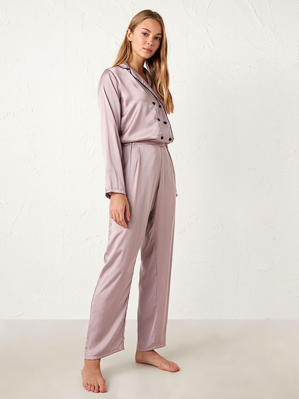 Lila Gömlek Yaka Uzun Kollu Kadın Saten Pijama Takım-3