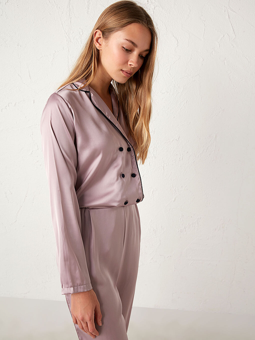 Lila Gömlek Yaka Uzun Kollu Kadın Saten Pijama Takım-4