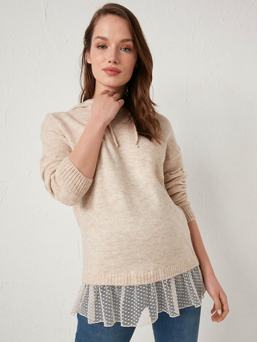 Tulle Detailed Hooded Knitwear Maternity Tunic