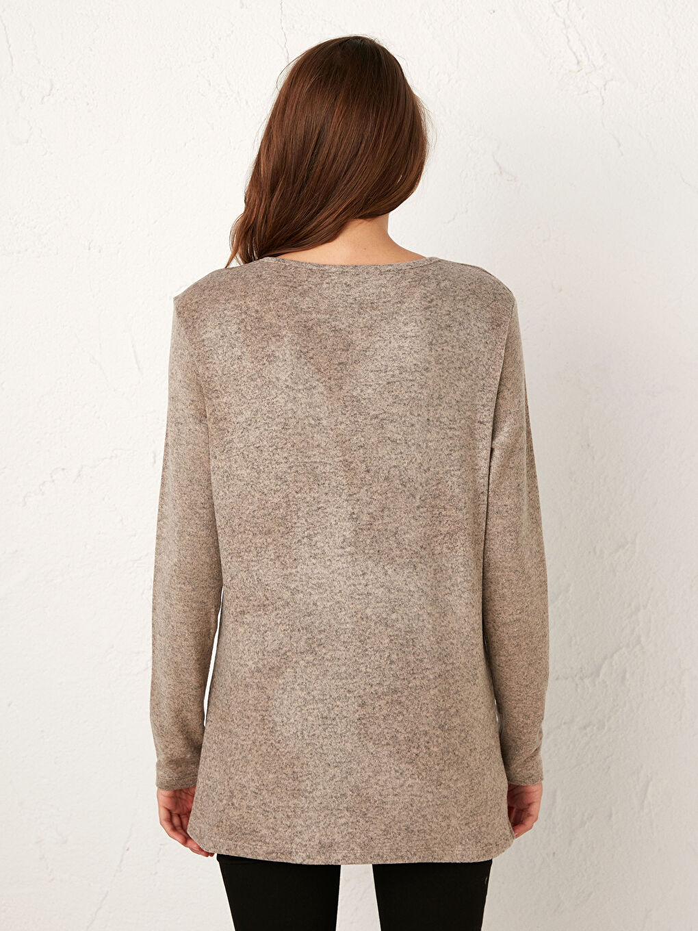 Bej Bisiklet Yaka Uzun Kollu Kadın Baskılı Esnek Tişört-6