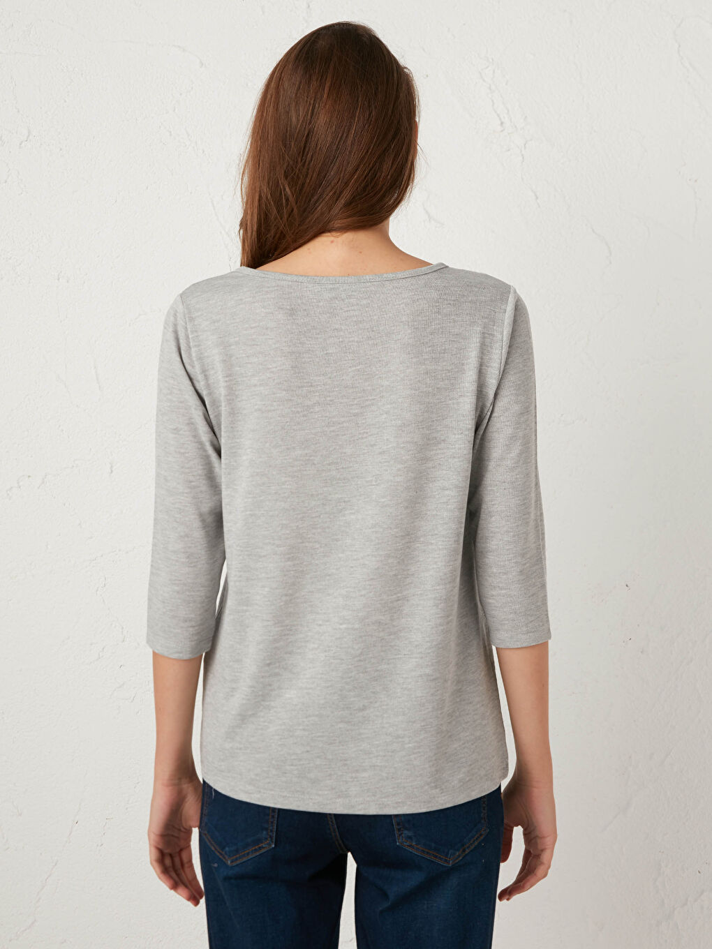 Gri V Yaka Uzun Kollu Tişört-4