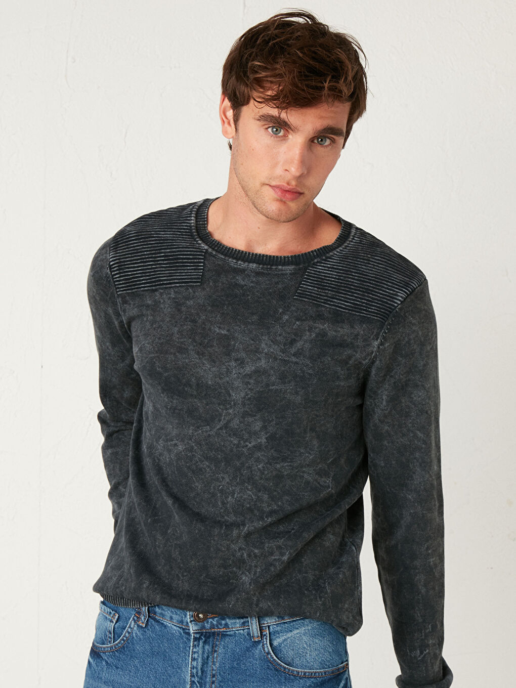 Gri Bisiklet Yaka İnce Triko Kazak-2