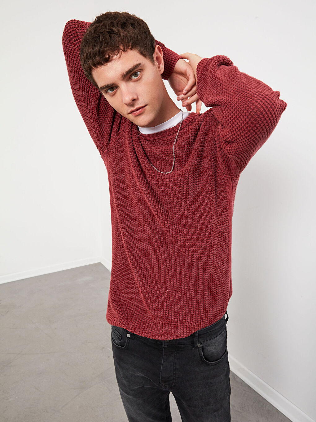 Bordo Standart Kalıp Bisiklet Yaka Triko Kazak-1