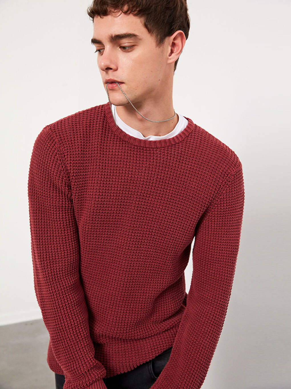 Bordo Standart Kalıp Bisiklet Yaka Triko Kazak-3