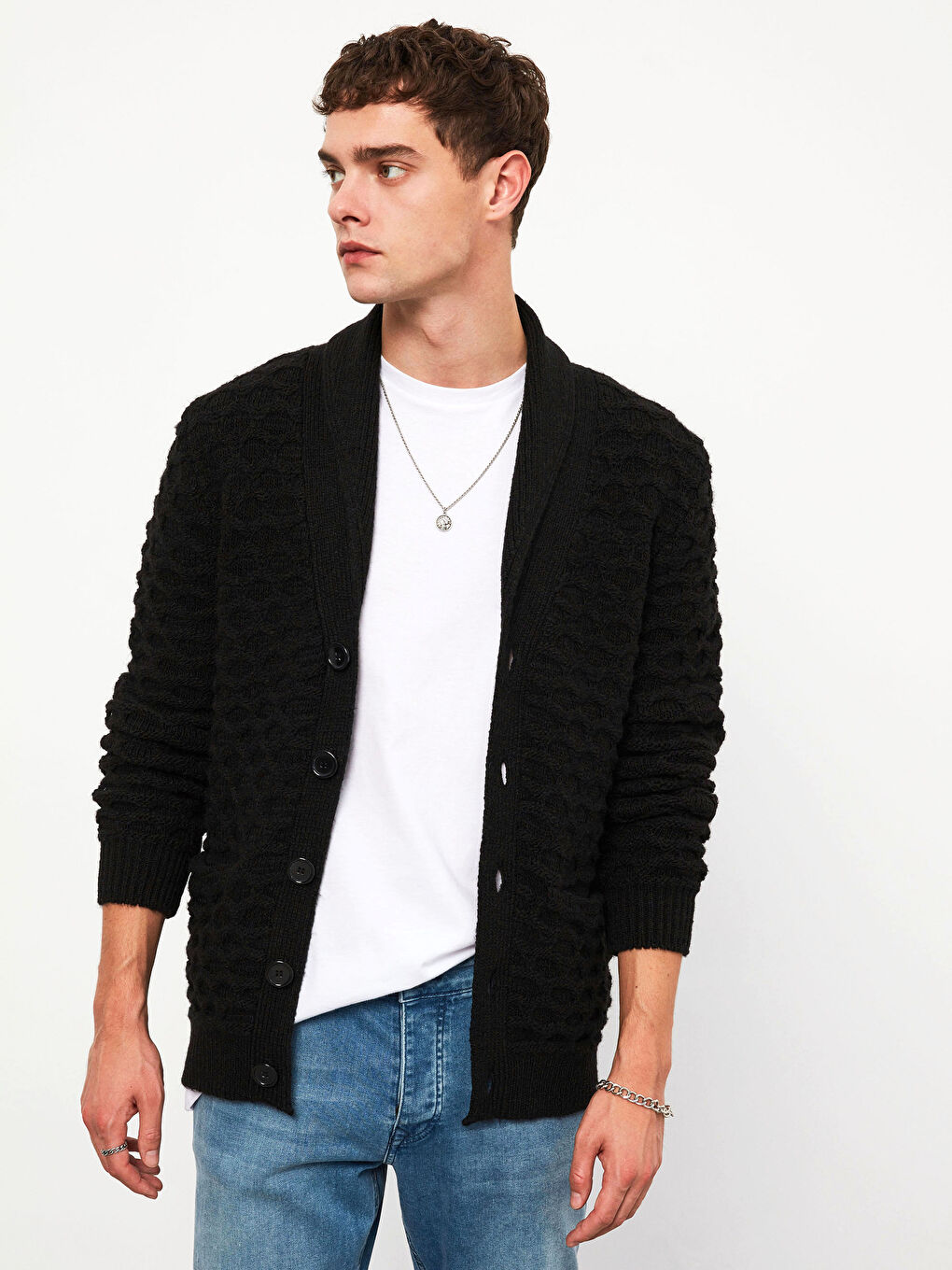 Siyah Şal Yaka Triko Hırka-1