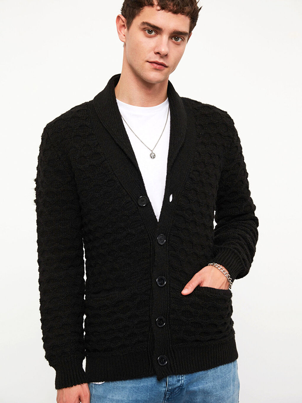 Siyah Şal Yaka Triko Hırka-3