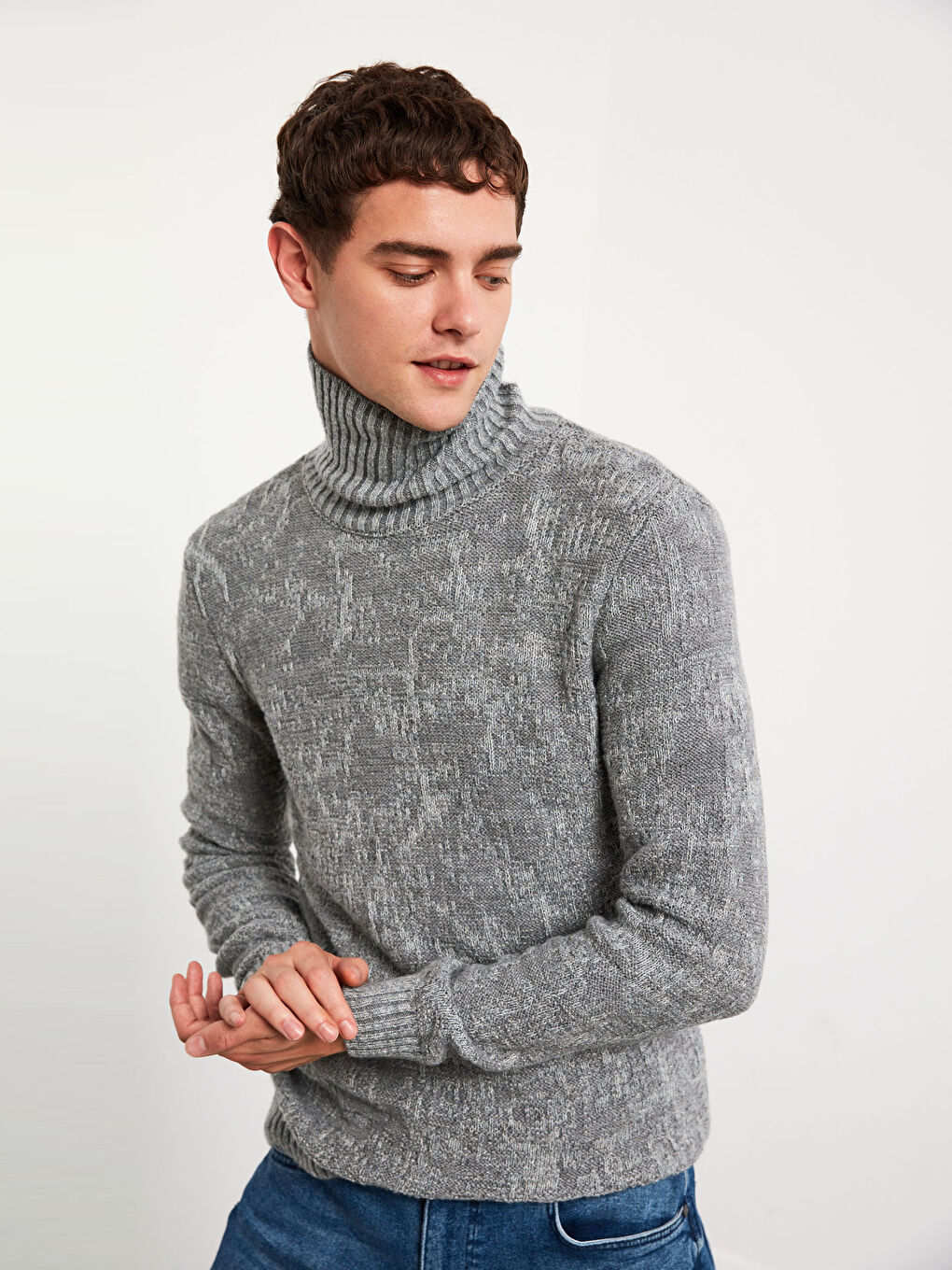 Gri Balıkçı Yaka Kalın Triko Kazak-1
