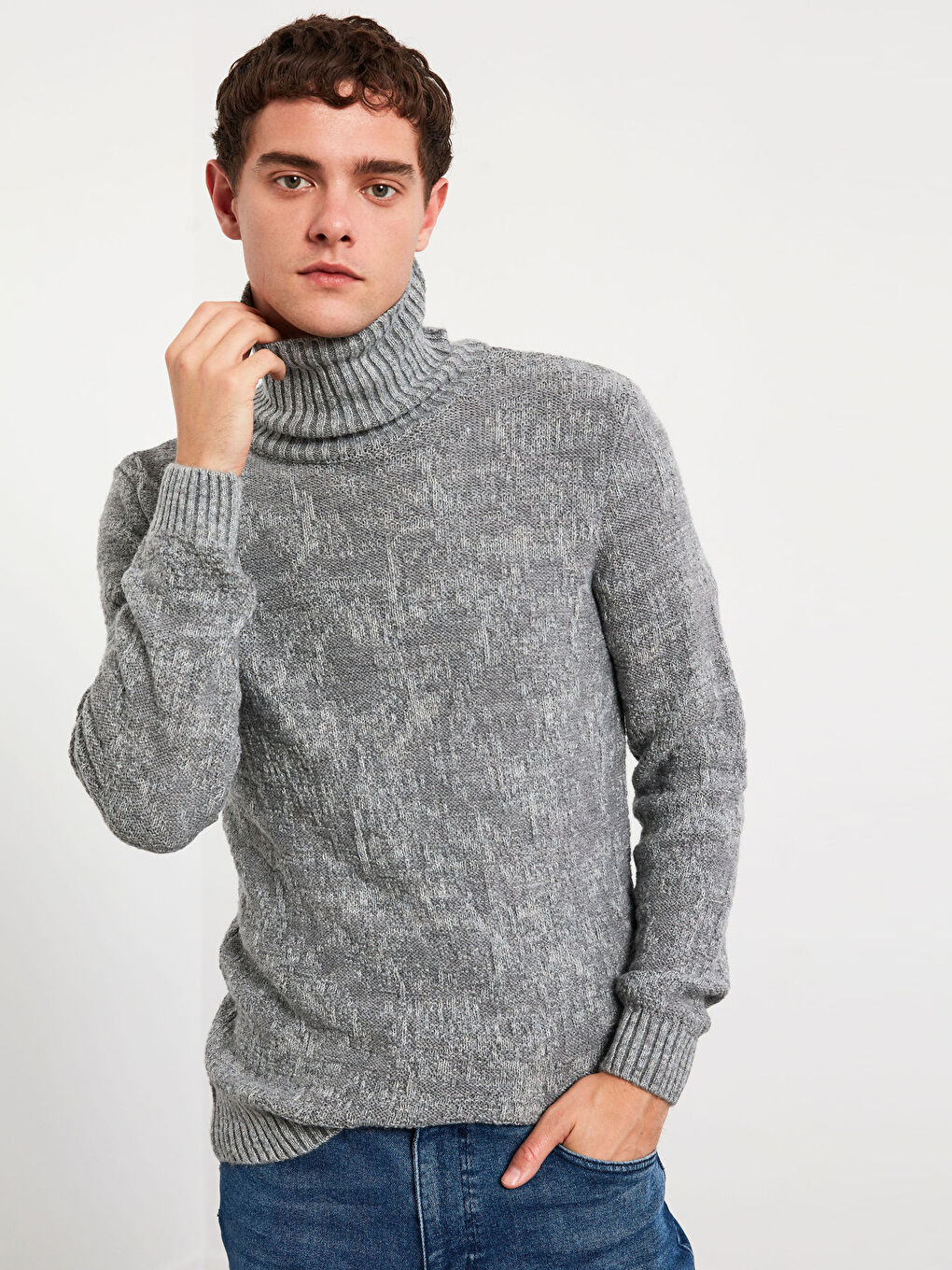 Gri Balıkçı Yaka Kalın Triko Kazak-2