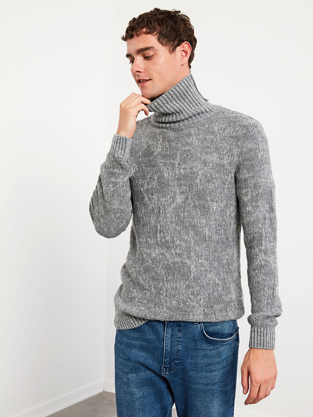 Gri Balıkçı Yaka Kalın Triko Kazak-3