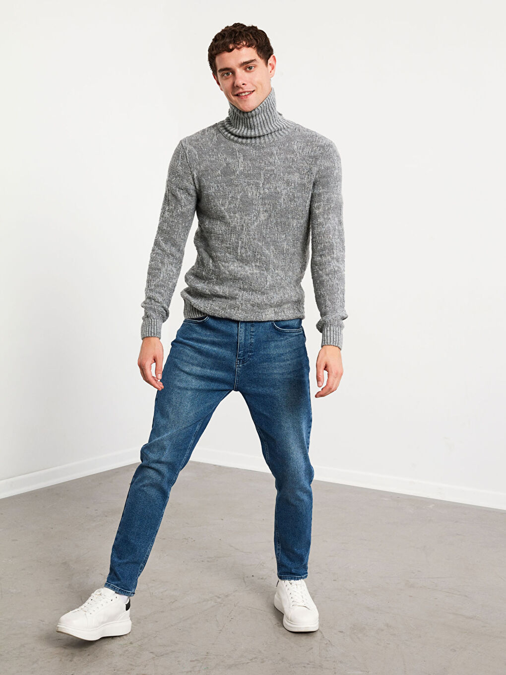 Gri Balıkçı Yaka Kalın Triko Kazak-4