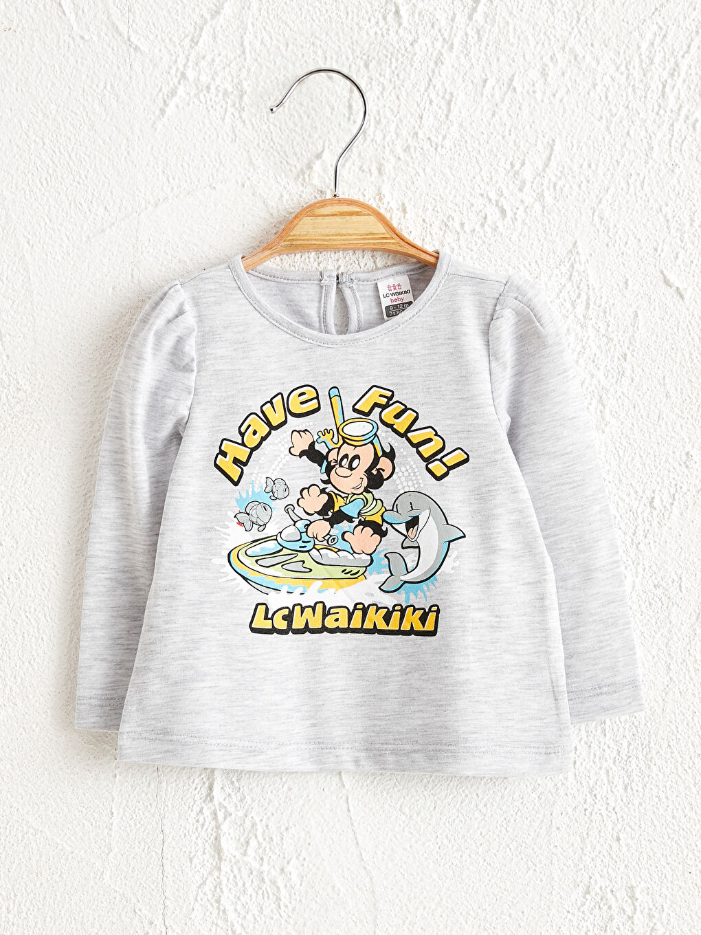 Gri Bisiklet Yaka Uzun Kollu Nostaljik Maymun Baskılı Bebek Tişört