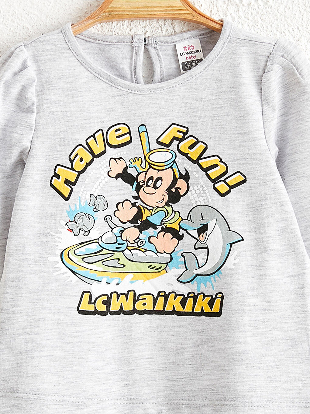 Gri Bisiklet Yaka Uzun Kollu Nostaljik Maymun Baskılı Bebek Tişört-2