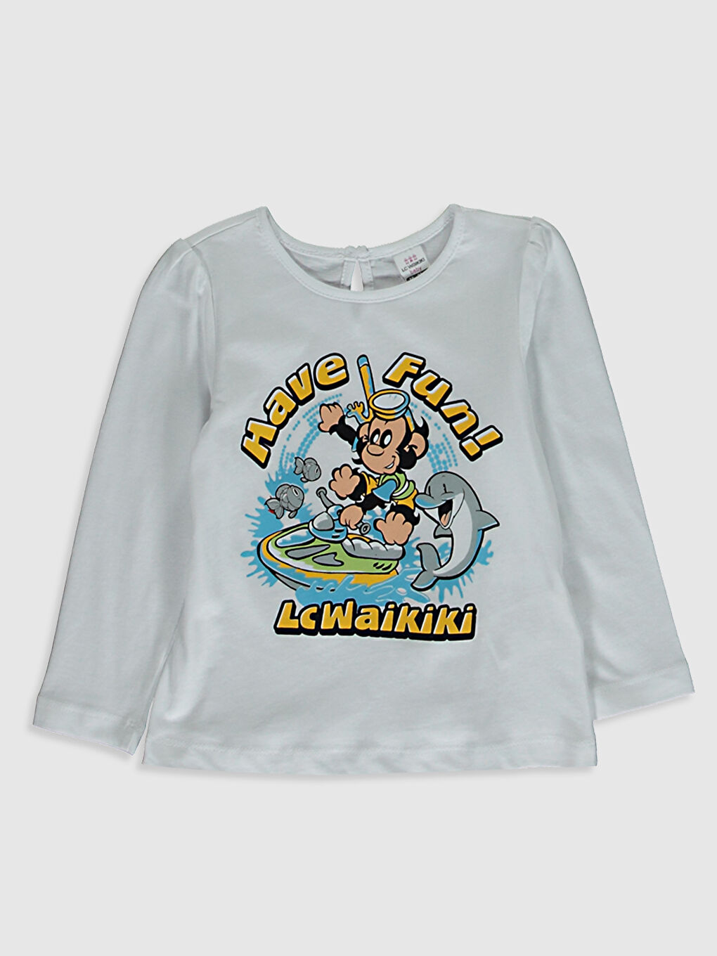 Beyaz Bisiklet Yaka Uzun Kollu Nostaljik Maymun Baskılı Bebek Tişört