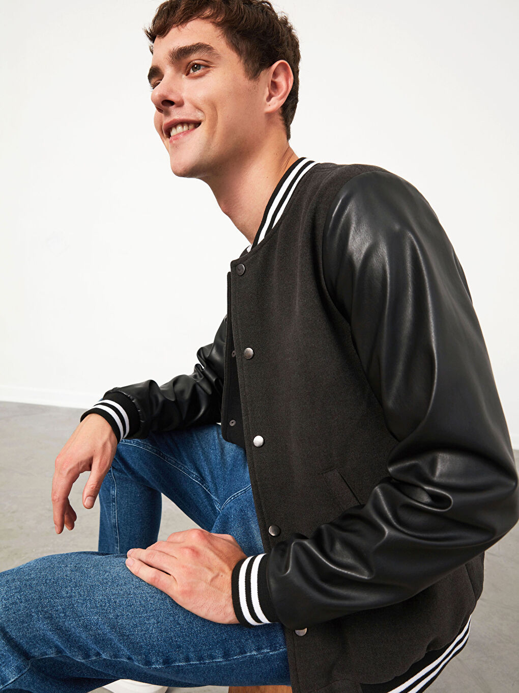 Gri Standart Kalıp Kolej Yaka Bomber Mont-2