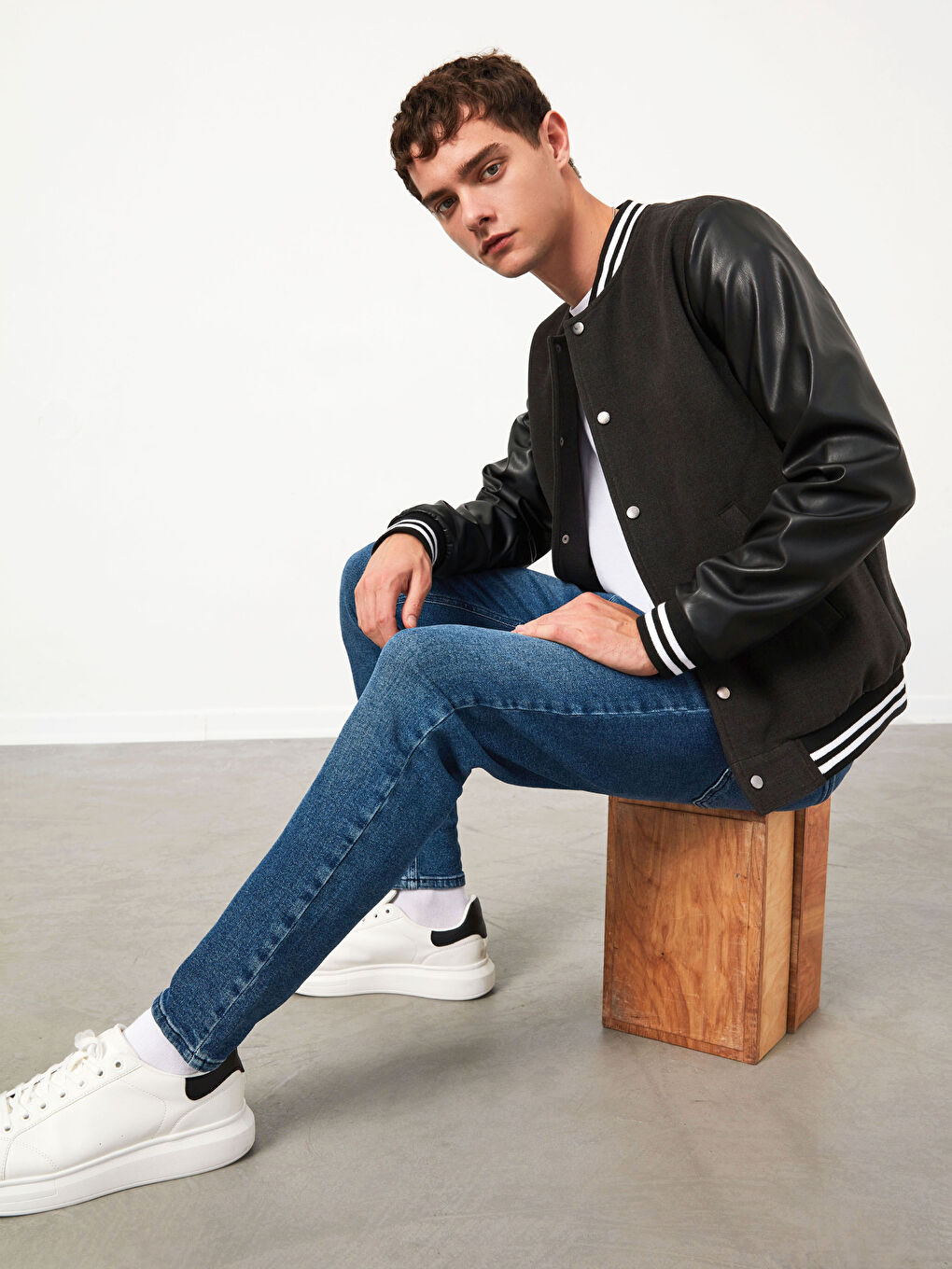 Gri Standart Kalıp Kolej Yaka Bomber Mont-3