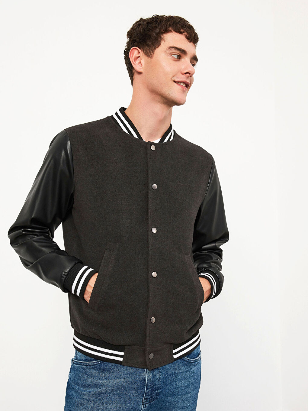 Gri Standart Kalıp Kolej Yaka Bomber Mont-5
