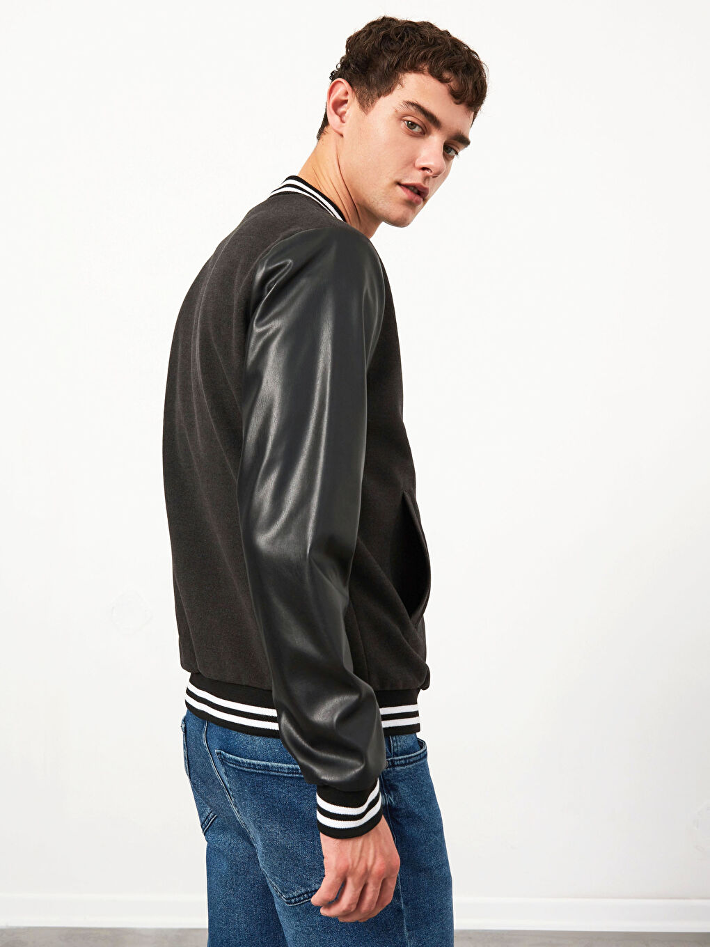 Gri Standart Kalıp Kolej Yaka Bomber Mont-6