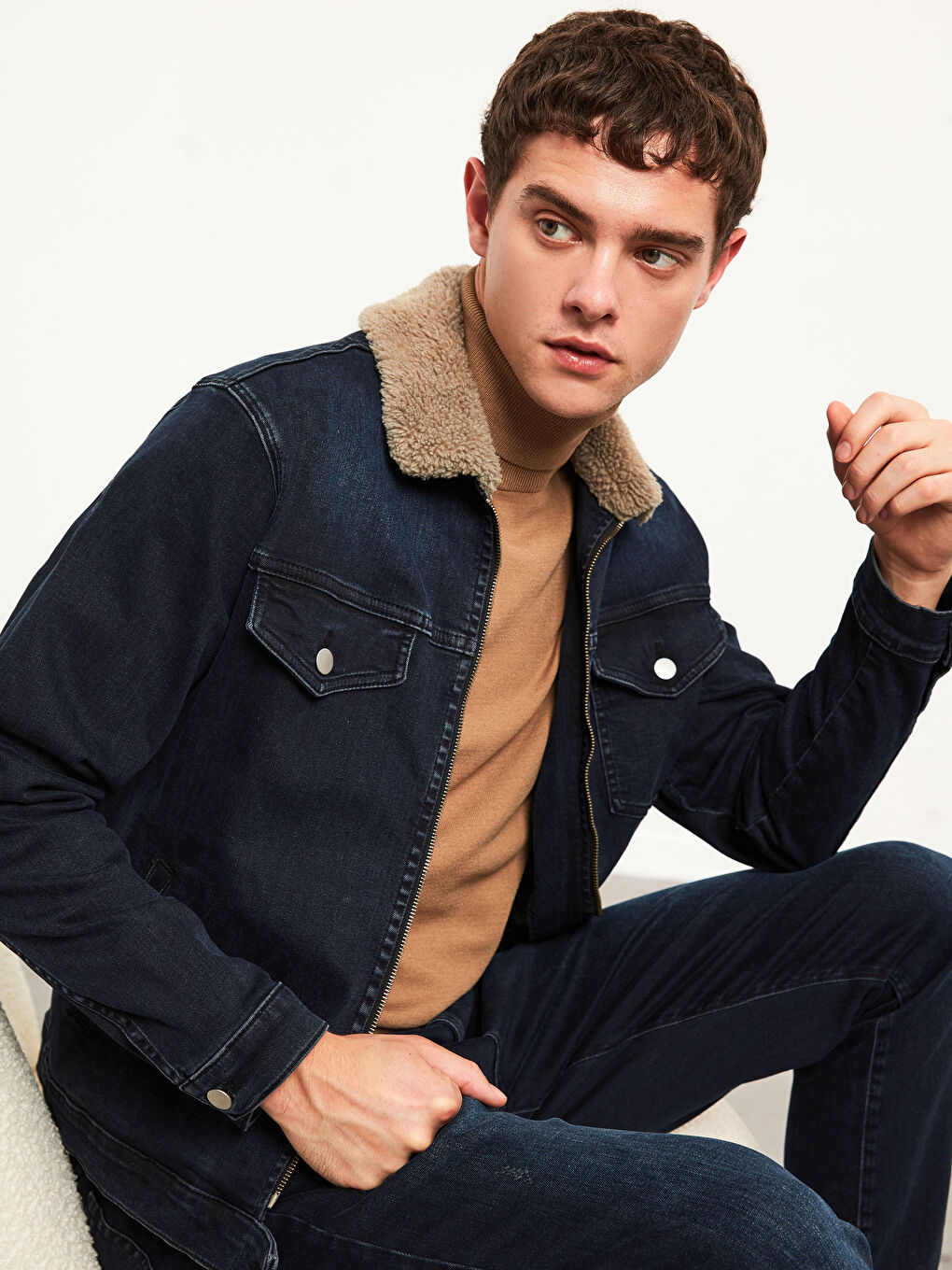 İndigo Yakası Kürklü Jean Ceket-1