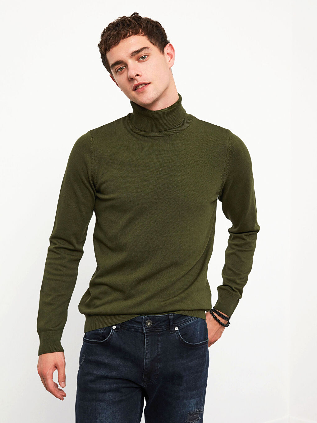 Haki Balıkçı Yaka İnce Triko Kazak-3