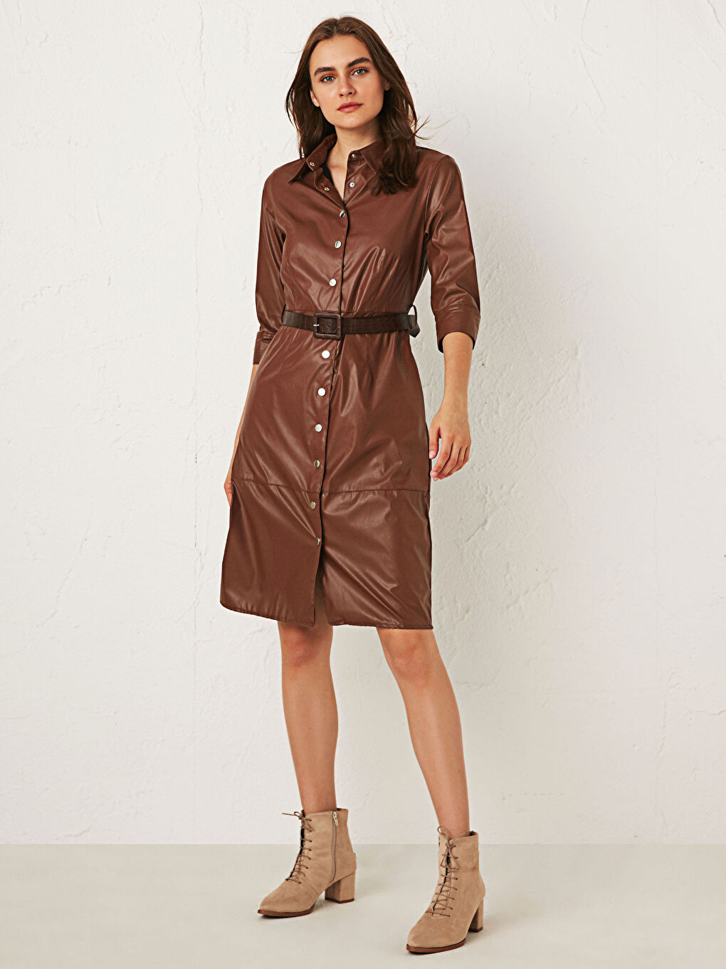 Belted Leather Look Shirt Shirt Dress-1
