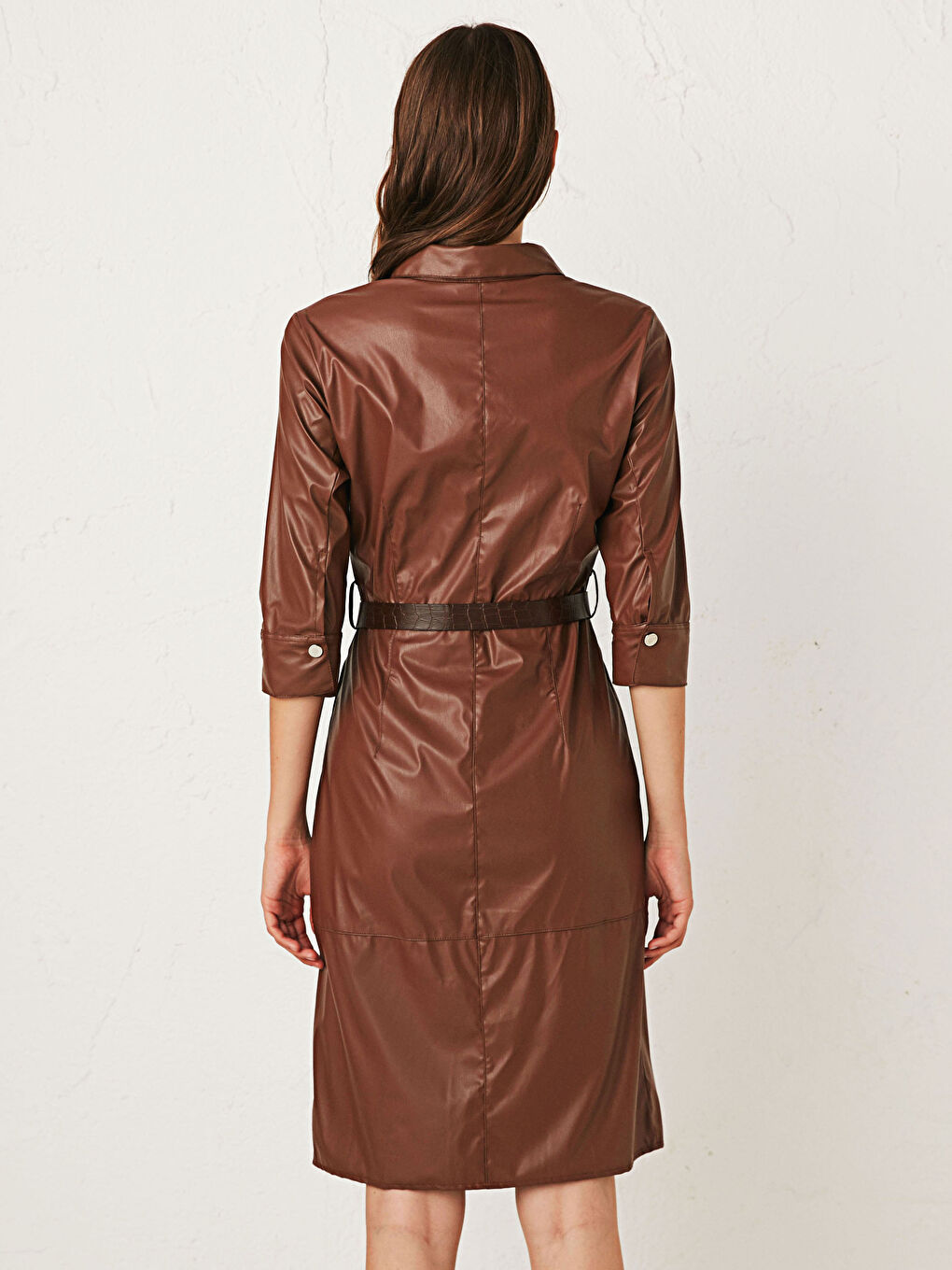 Belted Leather Look Shirt Shirt Dress-2