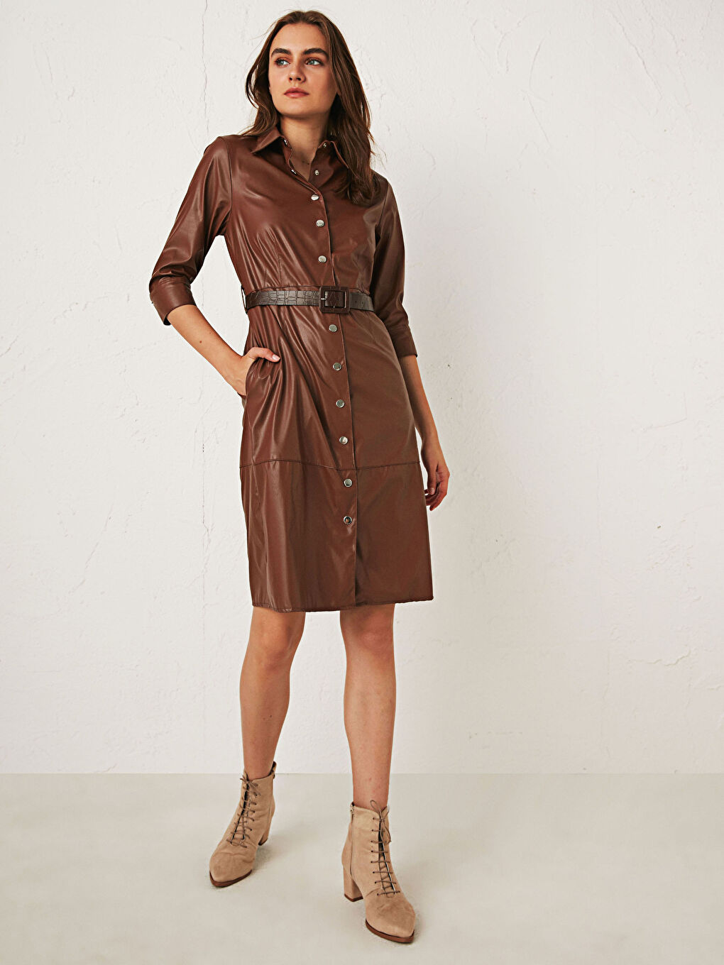 Belted Leather Look Shirt Shirt Dress