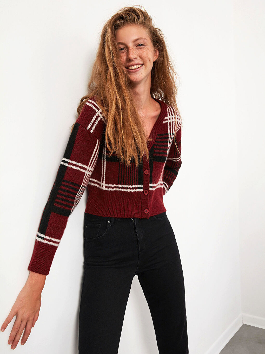 Cardigan en tricot à carreaux