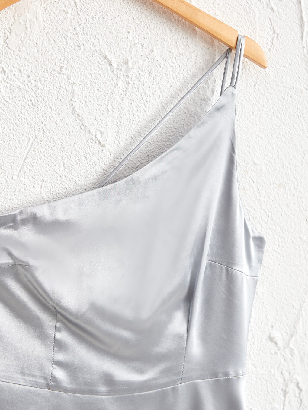 Gri Düz Tek Omuz Kadın Saten Elbise-6