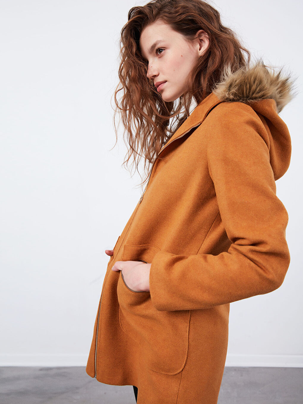 Bej Kapüşonlu Kaşe Kaban-6