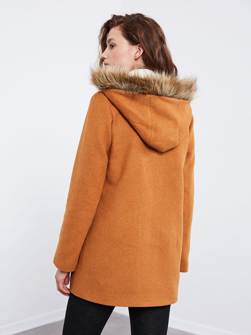 Bej Kapüşonlu Kaşe Kaban-7