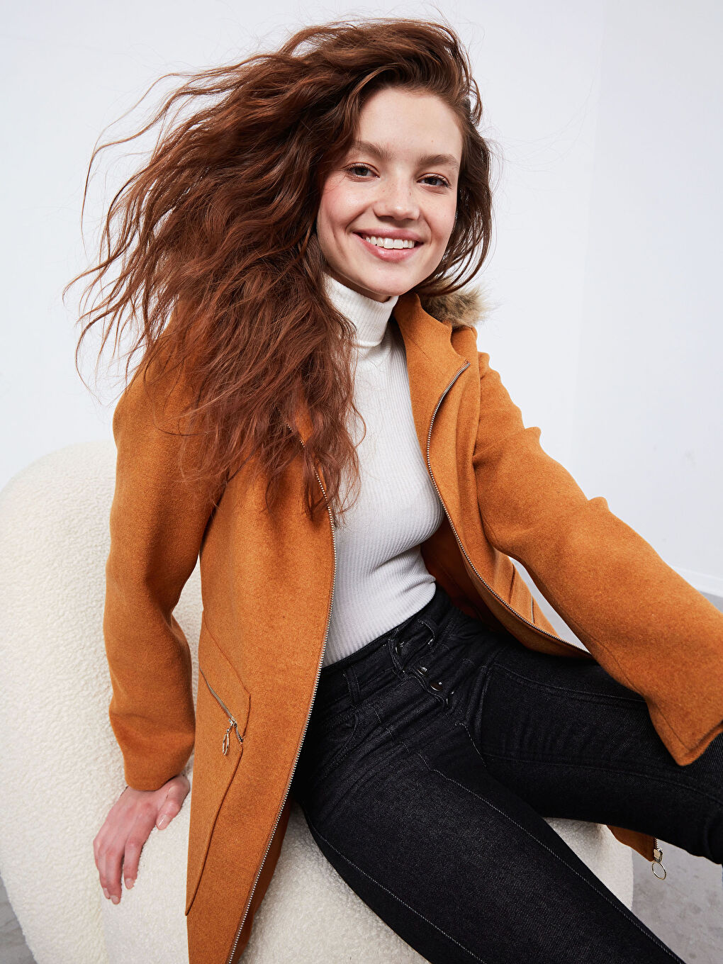 Bej Kapüşonlu Kaşe Kaban-8