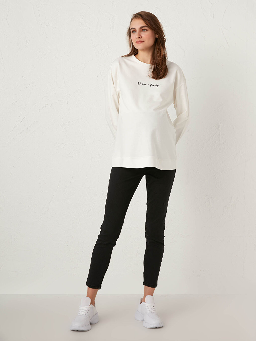 Ekru Slogan Baskılı Hamile Sweatshirt-2