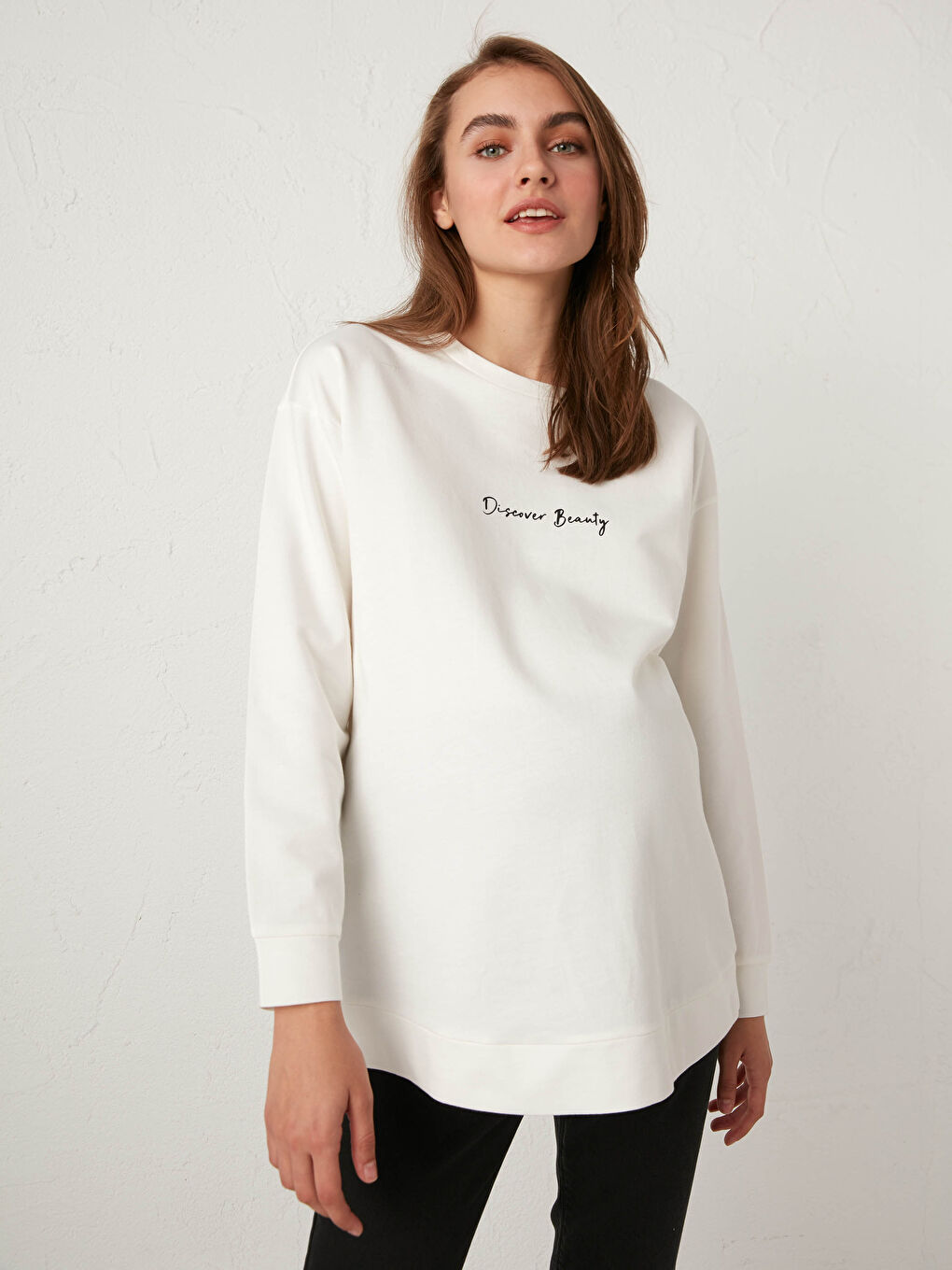 Ekru Slogan Baskılı Hamile Sweatshirt