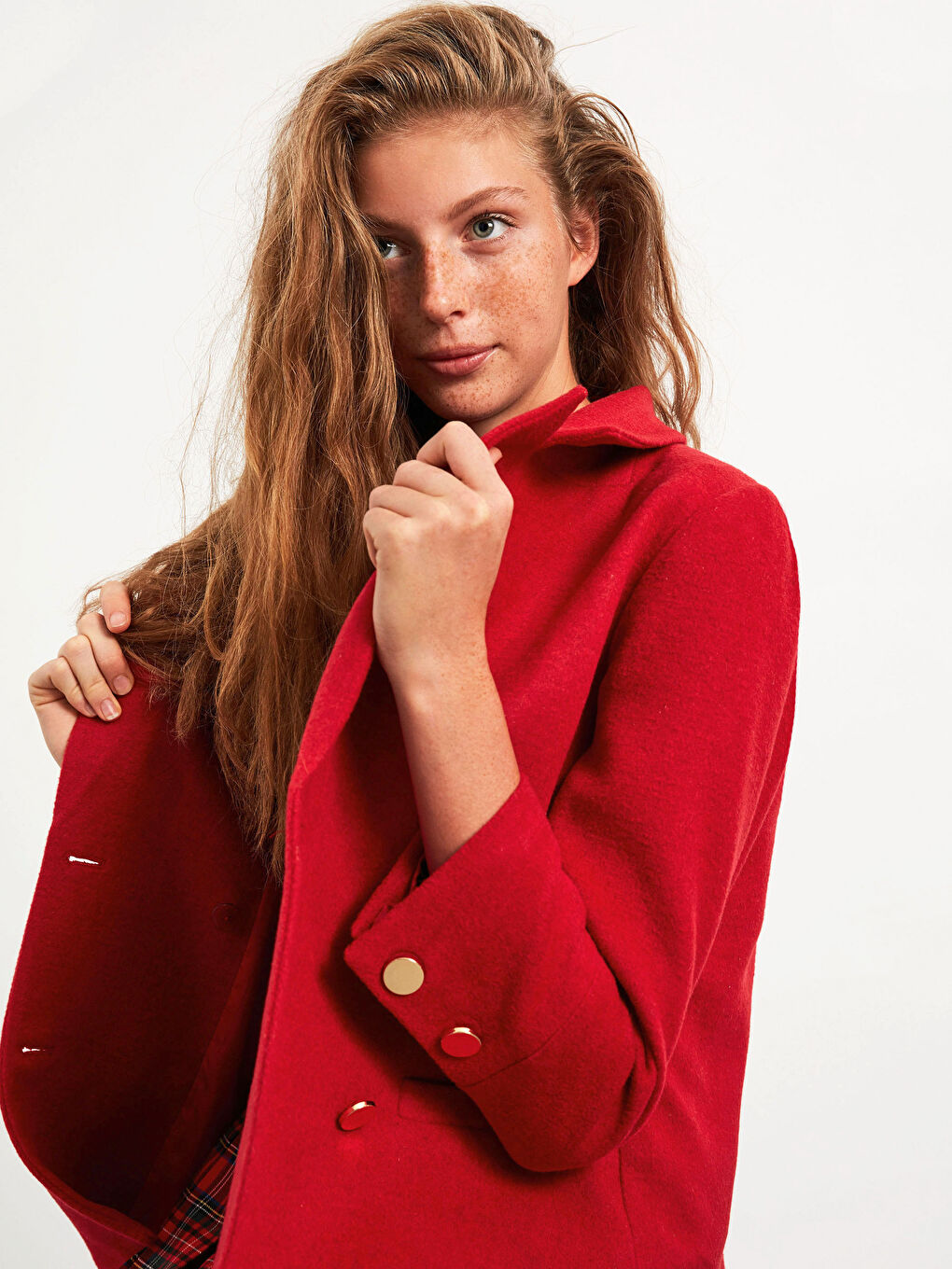 Kırmızı Dik Yaka Kaşe Kaban-6