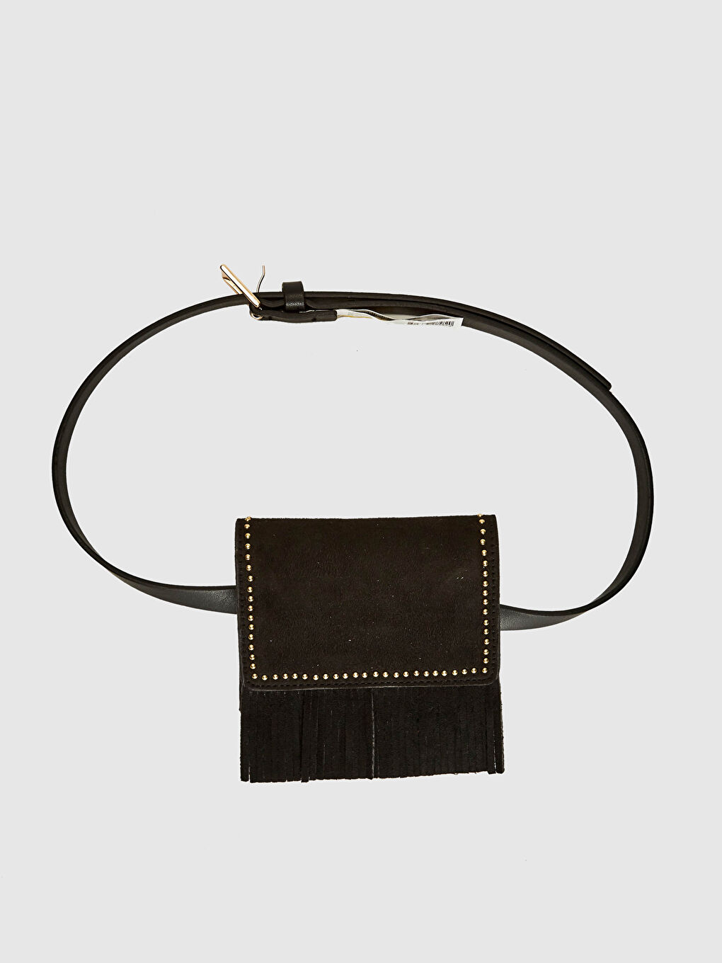 Siyah Deri Görünümlü Mini Püsküllü Çantalı Kemer