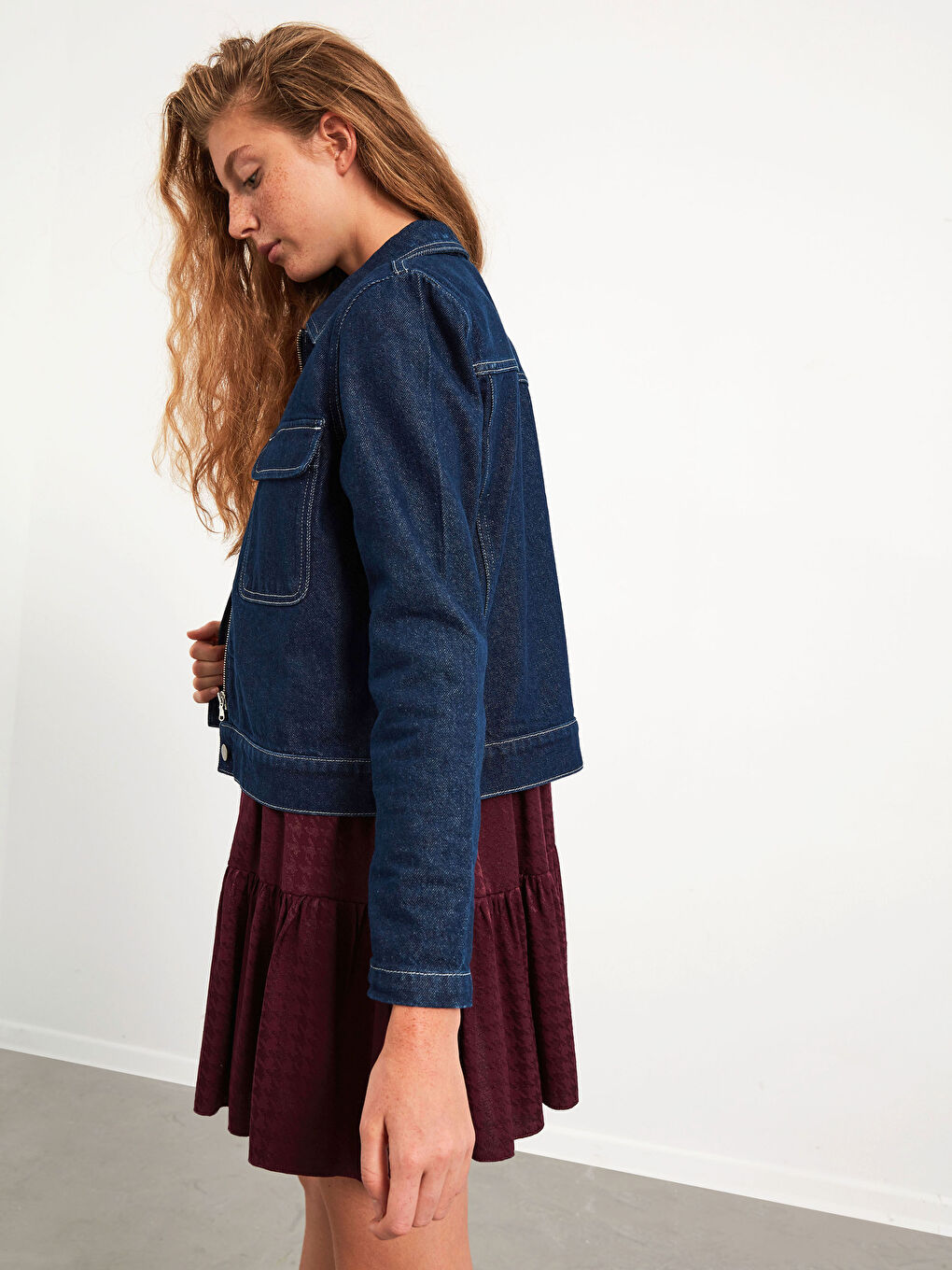 Lacivert Gömlek Yaka Kadın Jean Ceket-5