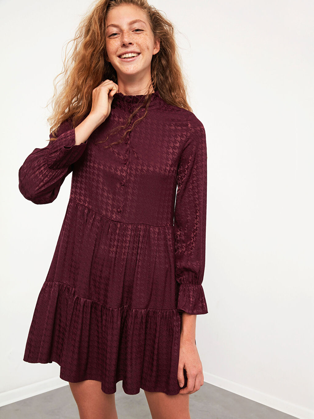 Ruffle Detailed Shirt Dress in Textured Fabric-1