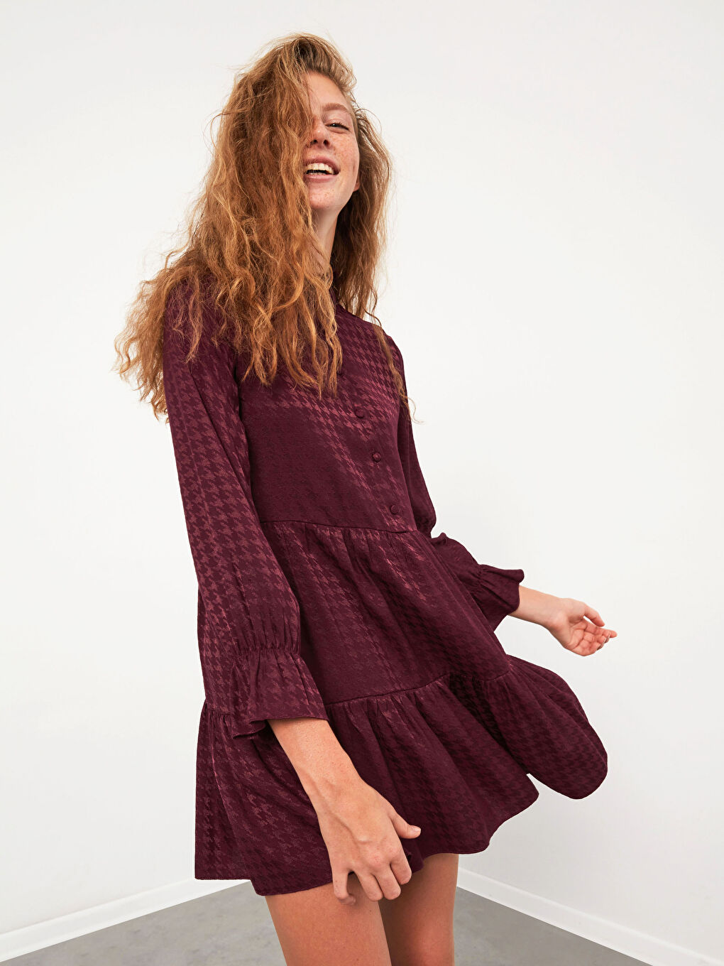 Ruffle Detailed Shirt Dress in Textured Fabric-2