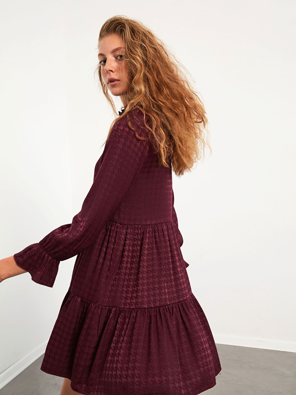 Ruffle Detailed Shirt Dress in Textured Fabric-3