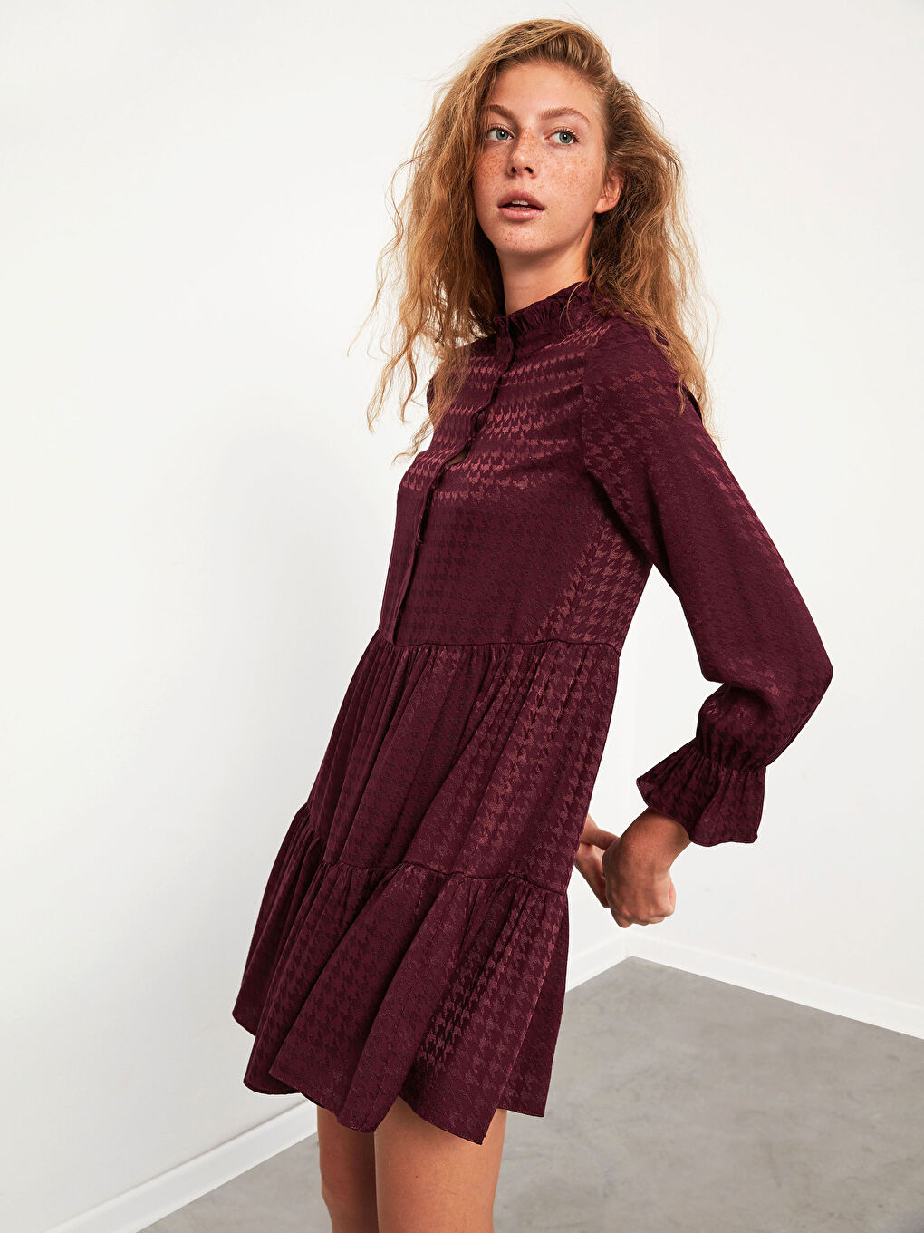 Ruffle Detailed Shirt Dress in Textured Fabric-4