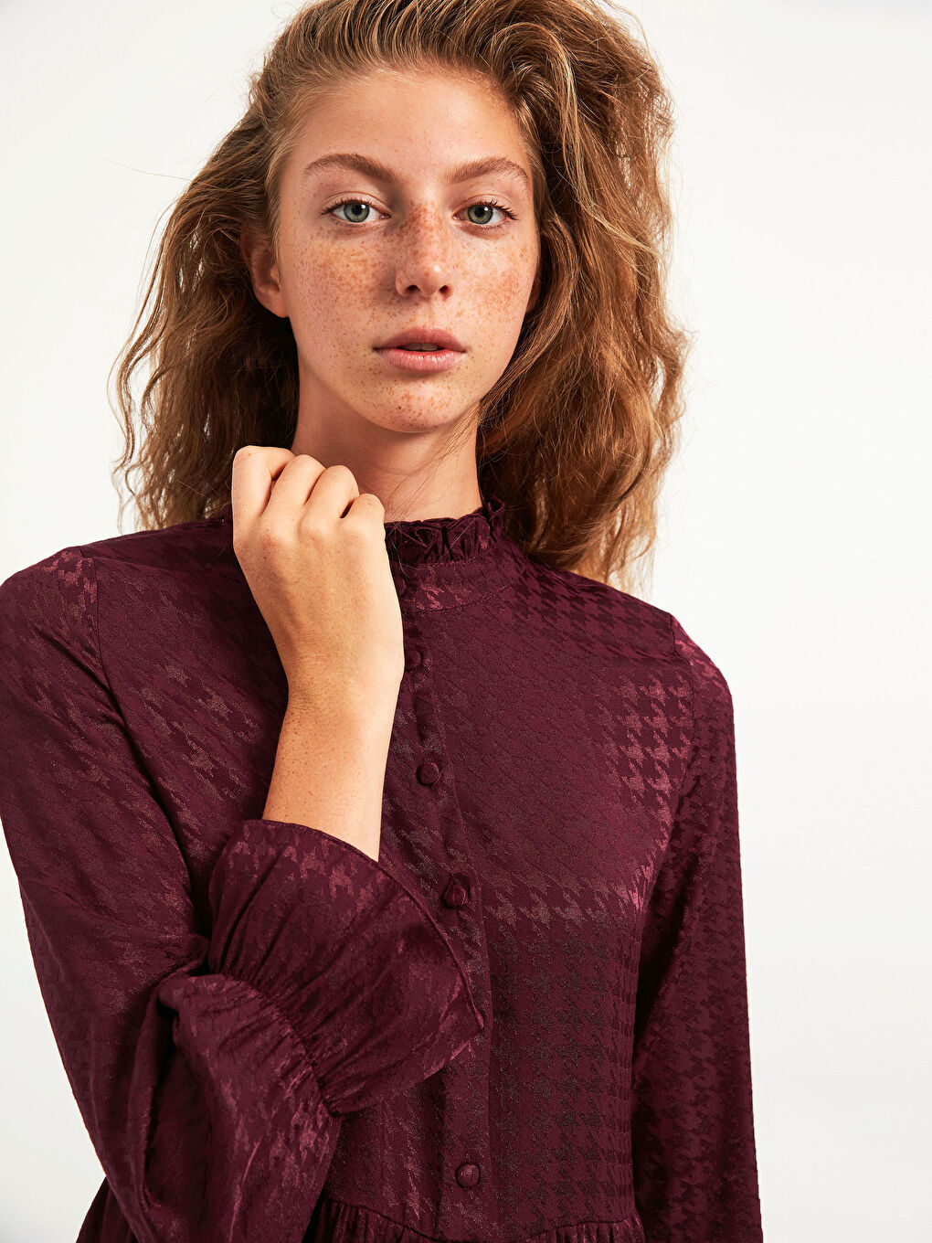 Ruffle Detailed Shirt Dress in Textured Fabric-5