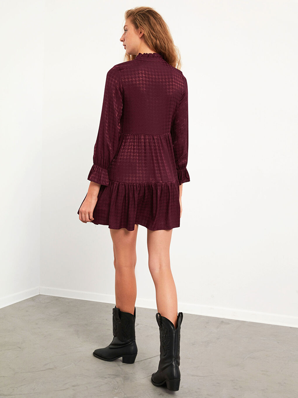 Ruffle Detailed Shirt Dress in Textured Fabric-6