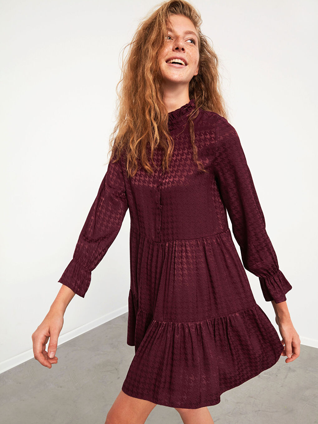 Ruffle Detailed Shirt Dress in Textured Fabric