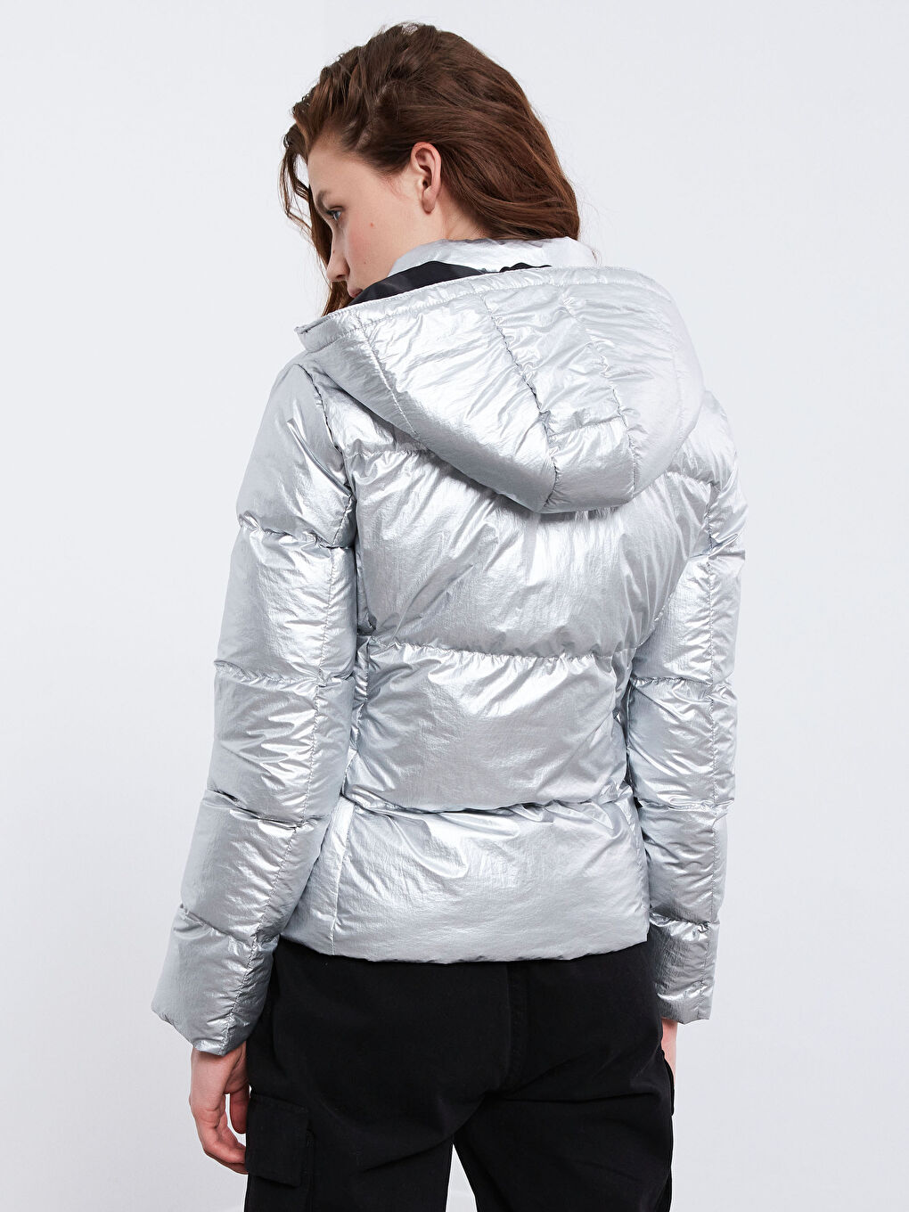 Gri Kapüşonlu Şişme Mont-5