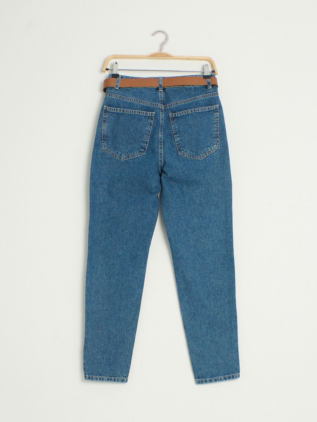 İndigo Kemerli Mom Jean Pantolon-3