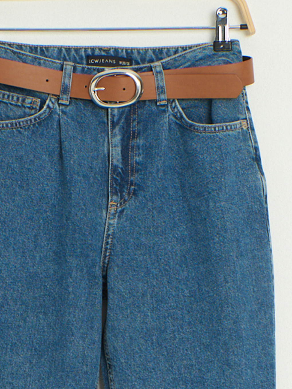 İndigo Kemerli Mom Jean Pantolon-4