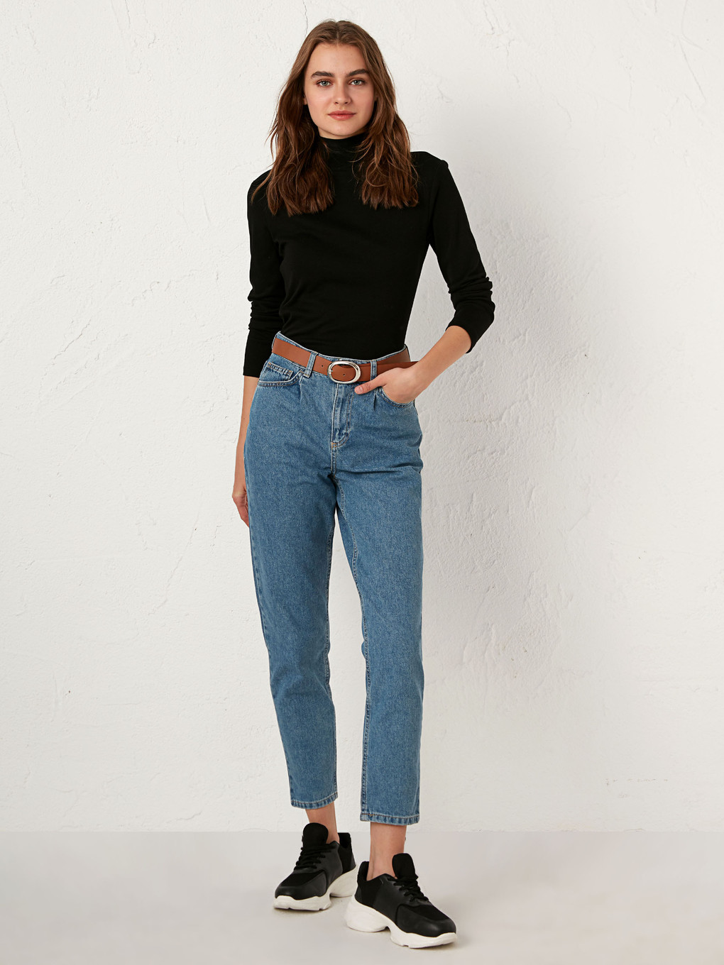 İndigo Kemerli Mom Jean Pantolon-5